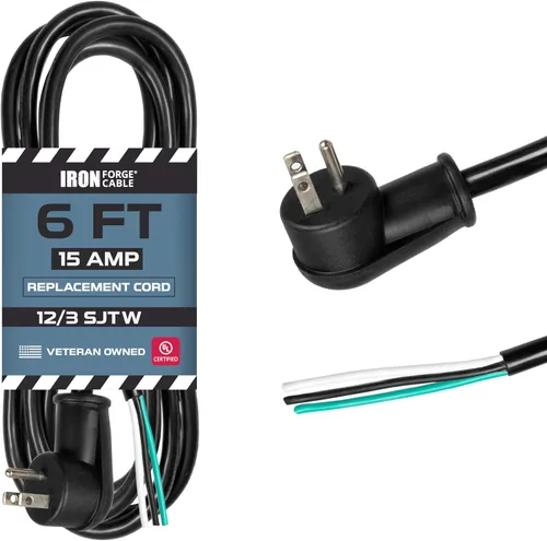 Vista 15 de Iron Forge Cable Cable de alimentación de calibre 12 de 3 pies, 15 amperios negro resistente, cable SJT de 3 clavijas de 12/3 clavijas con extremo