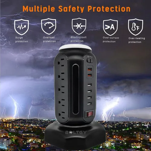 Vista 5 de Estación de carga rápida total de enchufe plano, protector con 15 salidas de CA y 6 puertos USB (2 de carga rápida), regleta de alimentación