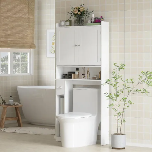Vista 9 de HOMCOM Armario de almacenamiento sobre el inodoro, moderno organizador de baño sobre el inodoro con 2 puertas, estantes de almacenamiento, soporte