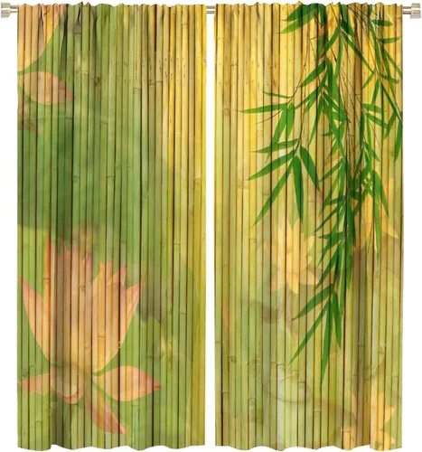 Vista 65 de Cortinas con estampado de bambú, tallos y hojas de bambú, temática oriental natural, oscurecimiento de habitación, ventana, ventana, cortina