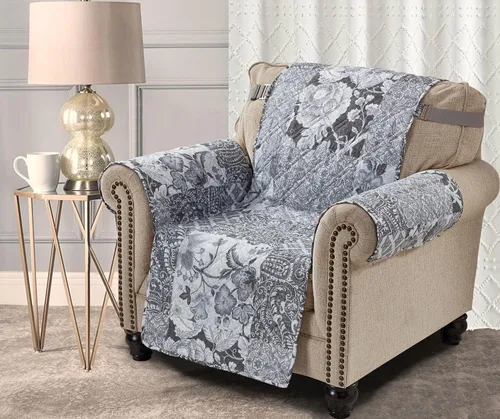 Vista 22 de Brilliant Sunshine Blue Toile Funda Acolchada con Quilted para Silla, 23 pulgadas de Ancho de Asiento, Protector de Muebles Antideslizante, Correa