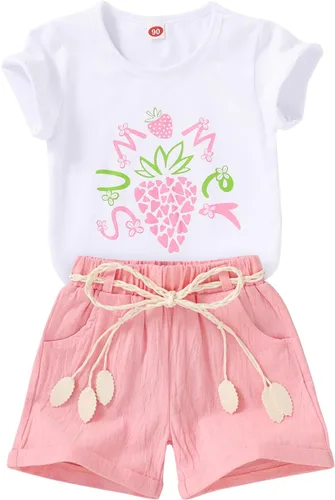 Vista 17 de YOUNGER TREE - Conjunto de ropa para bebés y niñas, camiseta de sandía y pantalones cortos de lino con cinturón, conjunto de verano lindo Abeja feliz