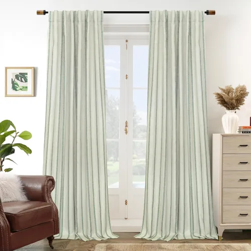 Vista 29 de DriftAway Cortinas opacas de mezcla de lino de granja de 90 pulgadas de largo para dormitorio, cortinas de lino con estampado de rayas verticales