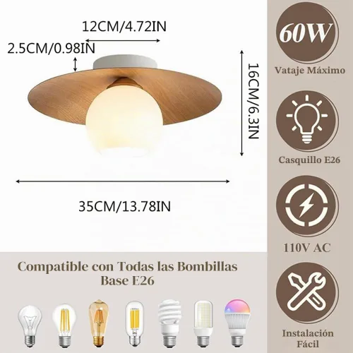 Vista 7 de Lámpara de techo minimalista moderna de globo de vidrio blanco redondo con textura de nuez, lámpara de techo semiempotrada con textura de madera