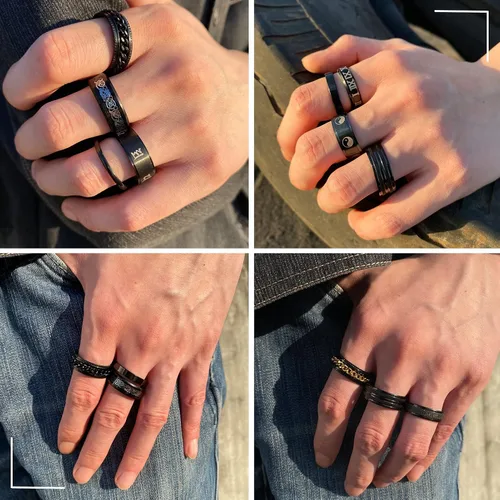 Vista 3 de Anillos negros de acero inoxidable para hombres, juego de anillos de promesa de boda para hombres, anillos de ansiedad simples y geniales