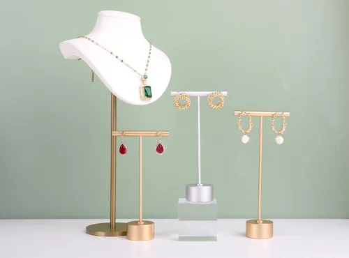 Vista 5 de GemeShou 2 soportes de metal dorado para aretes de barra en T, soporte para exhibición de aretes al por menor, accesorios de fotografía de joyería