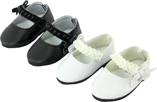 Vista 11 de American Fashion World Zapatos planos con lazo de diamante metálico rosa intenso, lavanda y verde azulado para muñecas de 14 pulgadas, paquete de 3