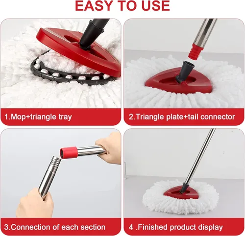 Vista 3 de Cabezal de repuesto para trapeador giratorio con 1 base giratoria y 1 mango. Recambios de fregona EasyWring compatibles con SpinMop triangular