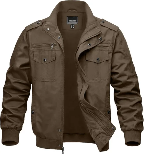 Vista 12 de MAGNIVIT Chaqueta cortavientos militar ligera para hombre con cuello parado, cierre frontal, 7 bolsillos - Algodón Negro