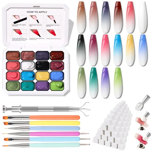 Vista 13 de Esponjas Pat Paleta de Esmalte de Uñas en Gel, 16 Colores Mezclado Degradado Ombré Esmalte en Gel Dando Toques Pintura Degradada Arte de Uñas, Sin