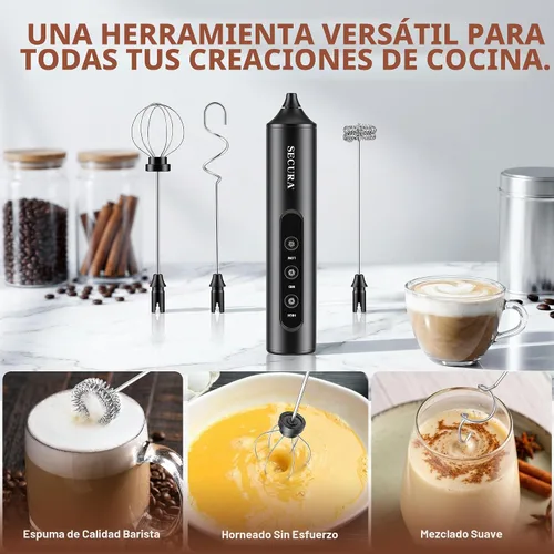 Vista 4 de Secura Rechargeable Handheld Milk Frother with 3 Speeds, 3 Whisks and Case