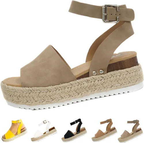 Vista 10 de DevilAngel Sandalias de cuña casuales de verano con hebilla y hebilla para el tobillo y plataforma plana para mujer Negro