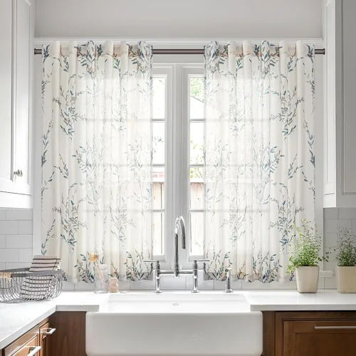 Vista 11 de MYSKY HOME Cortinas de lino transparentes de 45 pulgadas de largo para dormitorio, cocina, paneles de cortina florales, cortinas semicirverticales