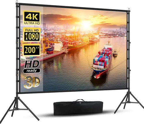 Vista 11 de Pantalla de proyector de 100 pulgadas con soporte, pantalla de proyección para interiores, pantalla de cine frontal trasera portátil 16:9 4K HD
