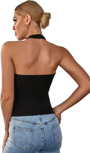 Vista 2 de SheIn Camiseta sin mangas con cuello halter para mujer, estilo casual, de punto acanalado