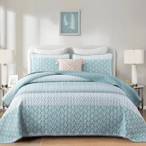 Vista 2 de Cottolester Juego de edredón Aqua tamaño Full, colcha a rayas estilo bohemio, juego de ropa de cama de microfibra ligera y suave de 3 piezas, 78"x90