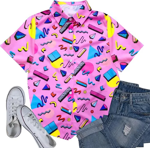 Vista 4 de Trajes de los años 80 y 90 para mujer, camiseta temática de fiesta de los años 80, camisas hawaianas con botones de los años 90, camisetas retro