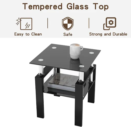 Vista 4 de Mesa auxiliar moderna de vidrio templado, mesa de centro cuadrada para sala de estar, mesa de té de cristal, mesa auxiliar de sofá (negro, 1 unidad)