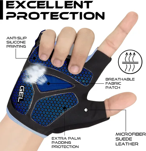 Vista 2 de BEAST RAGE Guantes de ciclismo de medio dedo para hombres y mujeres, guantes acolchados de gel, antideslizantes, absorben los golpes, levantamiento
