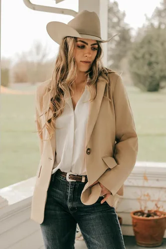 Vista 3 de Zeagoo Blazers casuales para mujer, con bolsillos, manga larga, frente abierto, para trabajo, oficina, con solapa, con botones, traje largo