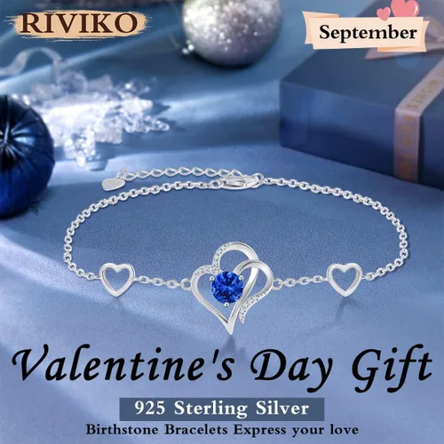 Vista 2 de RIVIKO Pulsera con dije de corazón de amor para mujer, plata de ley 925 con circonitas de piedra natal, eslabones ajustables para madre, esposa
