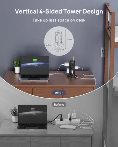 Vista 4 de TROND Torre de Regleta de Alimentación Retráctil – Regleta protectora de sobretensiones de enchufe plano con USB C PD de 20 W, cable de extensión
