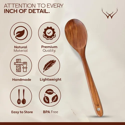 Vista 4 de Cuchara de madera de teca de mango largo de 12 pulgadas para cocinar con soporte de cuchara grande de teca, cucharas de madera de primera calidad