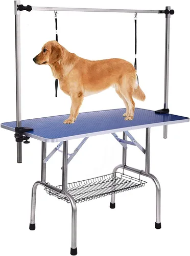 Vista 9 de Mesa profesional de aseo para perros y mascotas, ajustable, resistente, portátil, con brazo y lazo y bandeja de malla (42 pulgadas, azul)