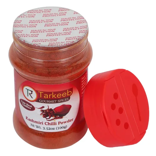 Vista 6 de Tarkeeb Chili en polvo de Cachemira (Deggi Mirch, a bajo calor) Tarro de PET con tapa agitadora de 3.52 oz (100 g) Auténtica especia india Todo