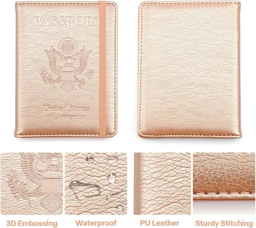 Vista 4 de Soporte para pasaporte y tarjetero de vacuna, cartera para pasaporte, funda para pasaporte con bloqueo RFID, Oro Rosa, Compacto