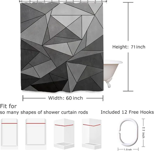 Vista 6 de Abstract Black Gray Geometric Bathroom Shower Curtain 60W by 71H Inch Modern Contemporary Neutral Minimalist Simple Triangle Polyester Fabric 12