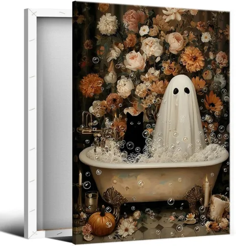 Vista 10 de Lienzo decorativo de Halloween para pared, póster de fantasma y gato negro en la bañera, imagen espeluznante de fantasma y flores, impresión