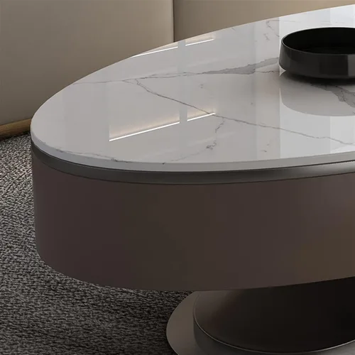 Vista 3 de Mesa auxiliar para sofá de sala de estar, mesa auxiliar ovalada de lujo con mesa de pizarra, mesa de centro moderna para sala de estar con cajones