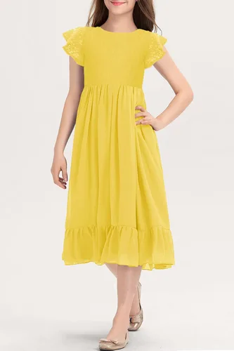 Vista 3 de MITILLY Vestido midi de gasa con volantes y cuello redondo y encaje elegante para niñas