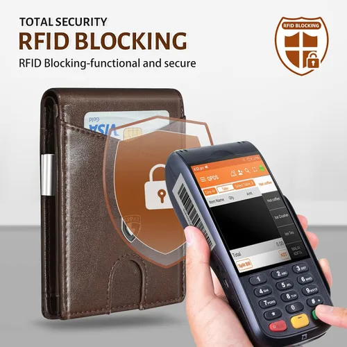 Vista 36 de GSOIAX Cartera delgada de cuero plegable RFID para hombre, billetera minimalista con bolsillo frontal con clip para dinero, 12 ranuras para Negro