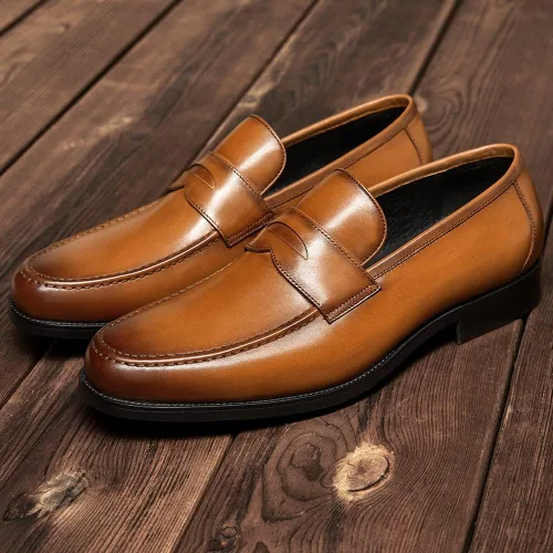 Vista 2 de FRASOICUS Zapatos de vestir para hombre, zapatos sin cordones, mocasines de cuero genuino para hombres