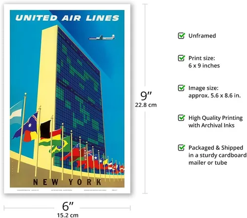 Vista 2 de United Nations Building New York - United Air Lines - Vintage Airline Travel Poster by Joseph Binder c.1957 - Master Art Print (Unframed) 6in x 9in