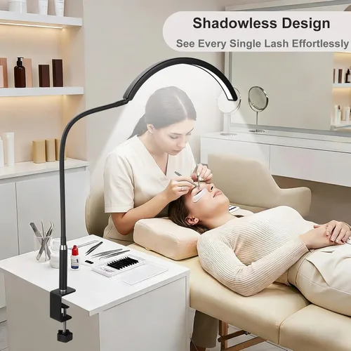 Vista 5 de Luz de media luna para escritorio de uñas, lámpara de manicura LED profesional sin sombras con abrazadera, 3 modos de color y 10 niveles de brillo