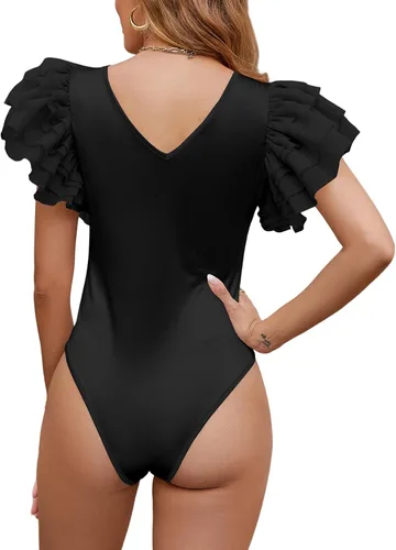 Vista 2 de LYANER Body de satén con cuello en V para mujer, con volantes, manga de mariposa, elástico