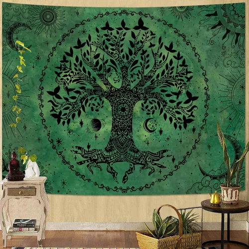Vista 16 de Lunerfex Tapiz de árbol de la vida, tapiz de pared de fase lunar, tapices verdes para dormitorio, techo, tapices para colgar en la pared