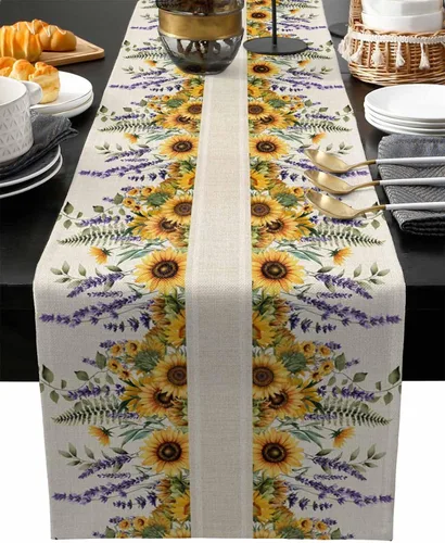 Vista 12 de Camino de mesa floral de tulipán azul, algodón y lino, pequeñas bufandas de 36 pulgadas, diseño rústico de flores para cocina, café, mesa