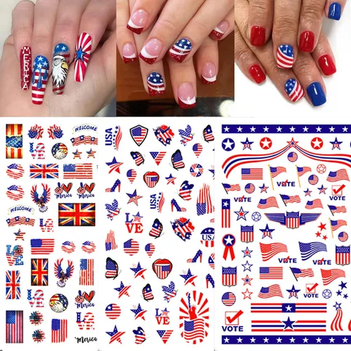 Vista 2 de RIICFDD 8 hojas de calcomanías para uñas del 4 de julio, autoadhesivas 3D de bandera de Estados Unidos para arte de uñas, calcomanías del día