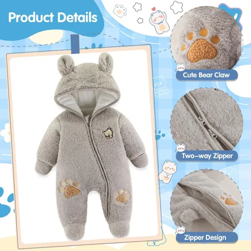 Vista 3 de Fairy Baby Traje de nieve para bebé recién nacido, con oso y mameluco de forro polar grueso, abrigo infantil para niñas y niños de 0 a 12 meses