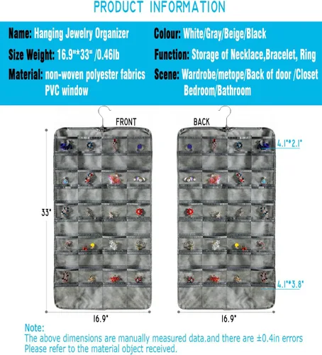 Vista 3 de AARAINBOW Organizador de joyas colgante de doble cara con 80 bolsillos, colgador de joyas para aretes, collares, anillos en armario, pared, puerta