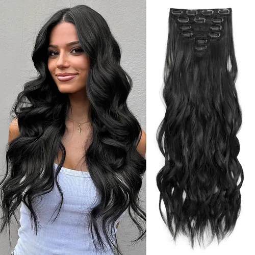 Vista 21 de Extensiones de cabello con clip para mujer, mezcla negra oscura con reflejos marrón claro, 20 pulgadas, 6 piezas, extensiones de cabello largo