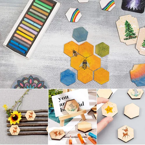 Vista 4 de EXCEART 50 piezas de madera hexagonales de 1.575 in con forma de madera hexagonal sin terminar, formas recortadas para manualidades, adornos