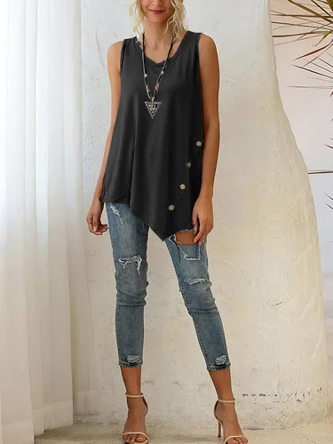Vista 5 de LYANER Camiseta sin mangas de verano para mujer, cuello redondo, dobladillo asimétrico, sin mangas