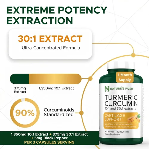 Vista 2 de Nature's Push Curcumina de cúrcuma súper potente 30:1 Extracto 30:1 375 mg 90% curcuminoides, 1,350 mg de raíz de cúrcuma 10:1 más pimienta negra