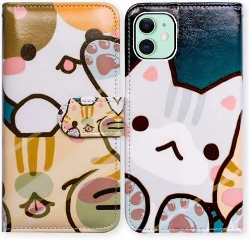 Vista 24 de Bcov Funda para iPhone 11, funda de piel con tapa y función atril para iPhone 11, diseño de flores y mariposas azules