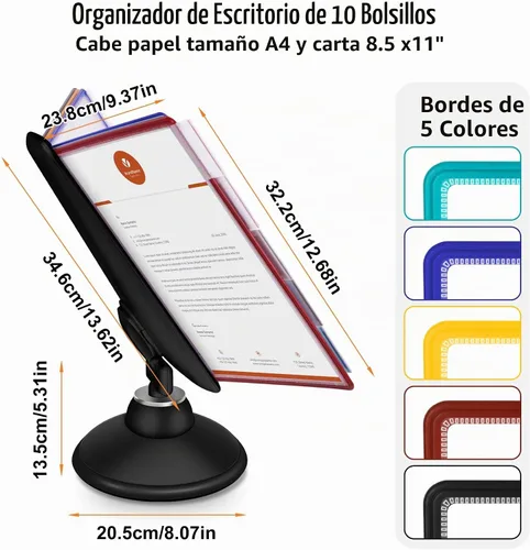 Vista 2 de Antner Sistema de referencia y visualización de escritorio de 10 bolsillos con base ajustable de 360°, organizador de referencia de escritorio